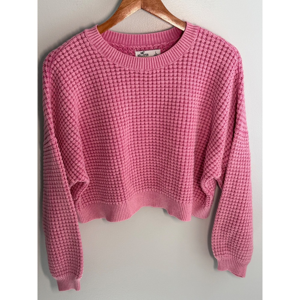 Hollister California Pink Waffle Knit Cropped Crew Neck Sweater Womens Large